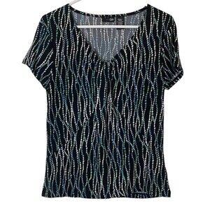 East 5th Womens Top S Blouse Pullover Black Teal Geometric Office Career
